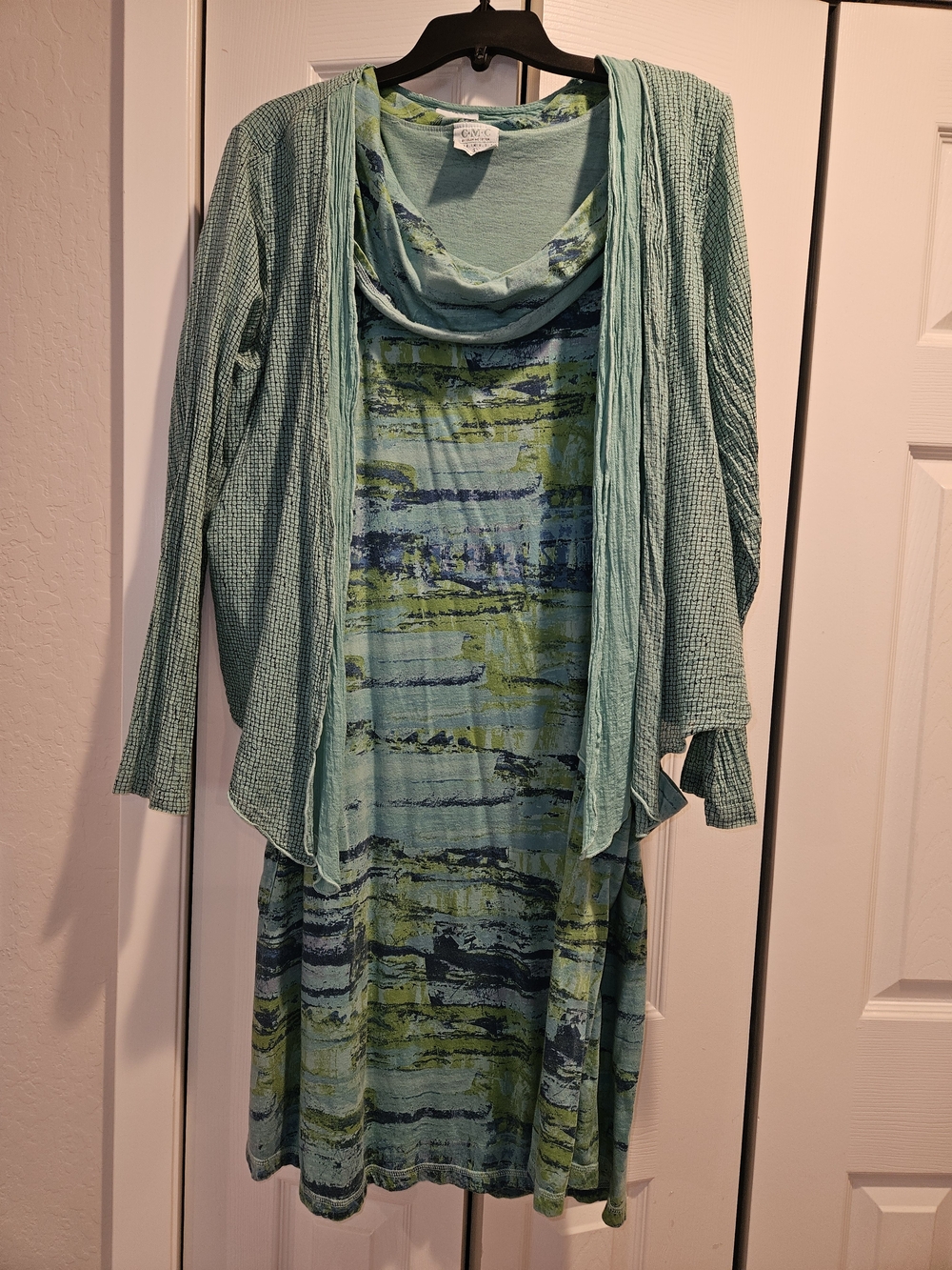 Color Me Cotton Light Teal Printed Midi Dress with Coordinating Cardigan Size L